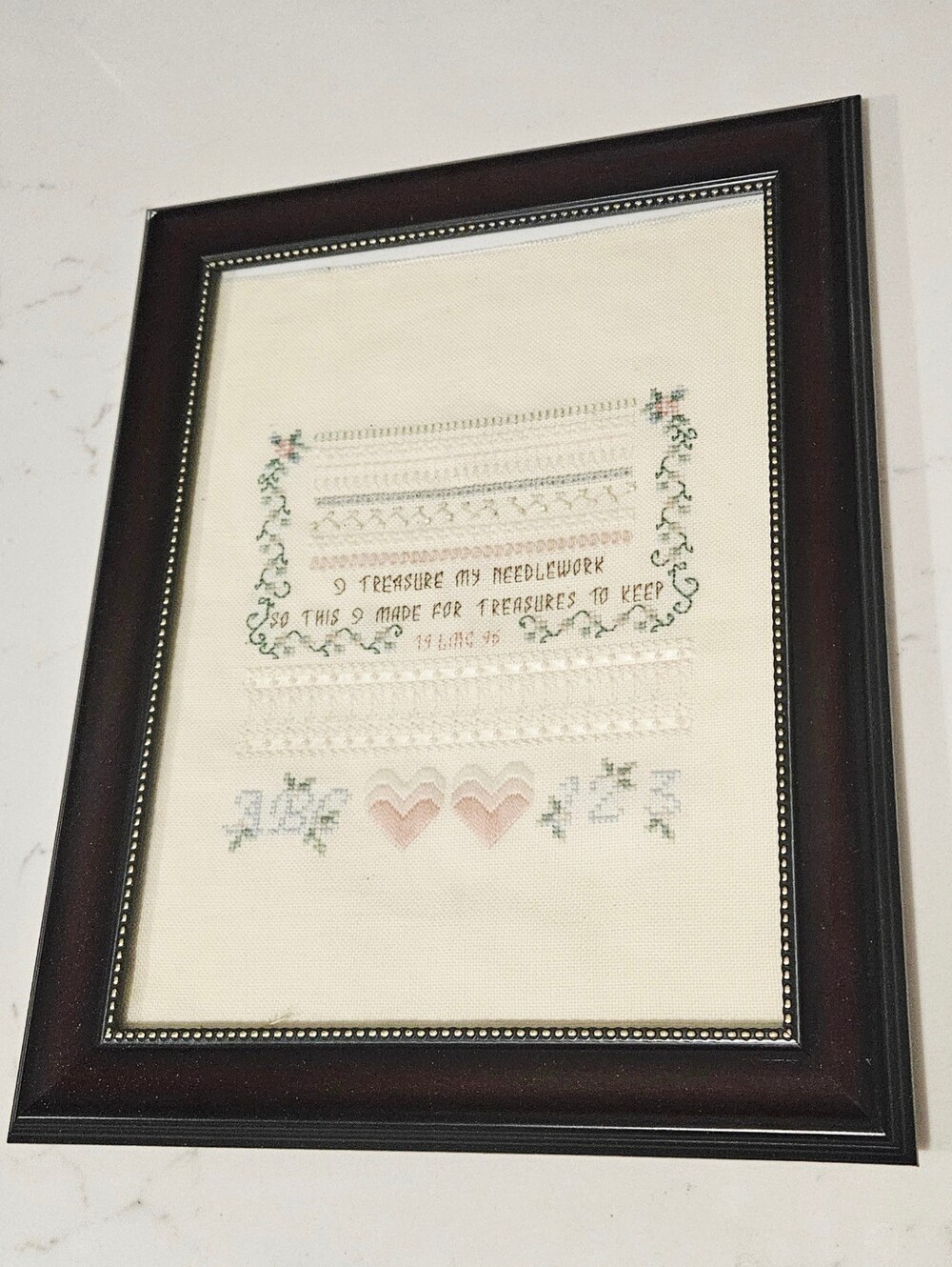 Framed Cross Stitch Sampler with Pink Hearts Vintage